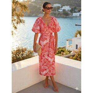 Mara Hoffman Fila Wrap Dress Adonia Red Pink Paisley Midi Organic Cotton Small